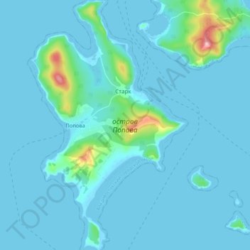 Mapa topográfico остров Попова, altitude, relevo