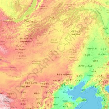 Mapa topográfico Mongólia Interior, altitude, relevo