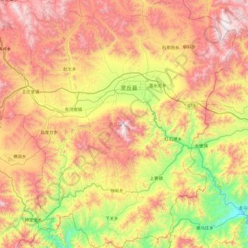 Mapa topográfico 灵丘县, altitude, relevo