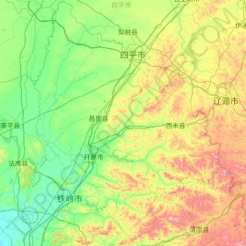 Mapa topográfico 铁岭市, altitude, relevo