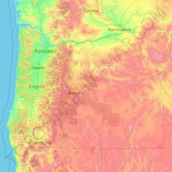 Mapa topográfico Oregon, altitude, relevo