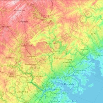 Mapa topográfico Condado de Baltimore, altitude, relevo