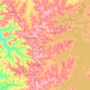 Mapa topográfico Três Palmeiras, altitude, relevo