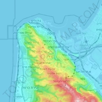 Mapa topográfico Haifa, altitude, relevo