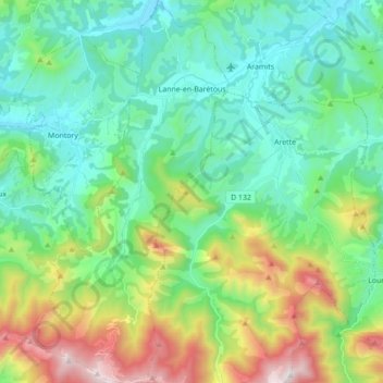 Mapa topográfico Lanne-en-Barétous, altitude, relevo