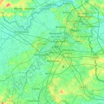 Mapa topográfico Lille, altitude, relevo