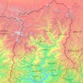 Mapa topográfico Sikkim, altitude, relevo