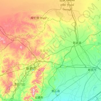 Mapa topográfico 阜新市, altitude, relevo