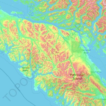 Mapa topográfico Area A (Kyuquot/Nootka/Sayward), altitude, relevo