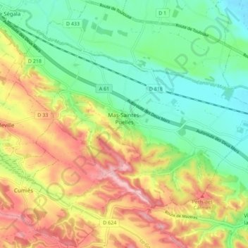 Mapa topográfico Mas-Saintes-Puelles, altitude, relevo