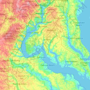 Mapa topográfico Lower Potomac River, altitude, relevo