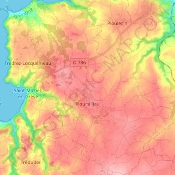 Mapa topográfico Ploumilliau, altitude, relevo