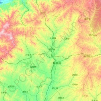 Mapa topográfico 榆社县, altitude, relevo