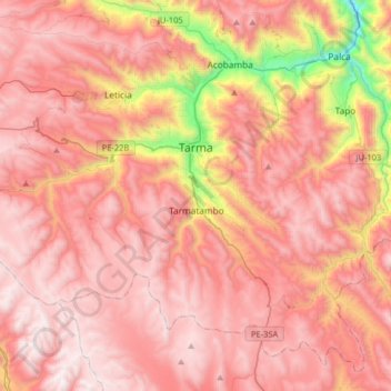 Mapa topográfico Tarma, altitude, relevo
