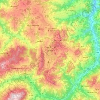 Mapa topográfico Pavullo nel Frignano, altitude, relevo