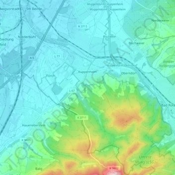 Mapa topográfico Kuppenheim, altitude, relevo