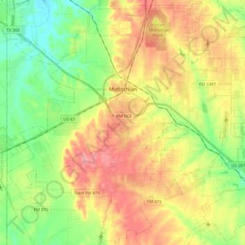 Mapa topográfico Midlothian, altitude, relevo