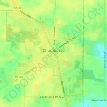 Mapa topográfico Churubusco, altitude, relevo
