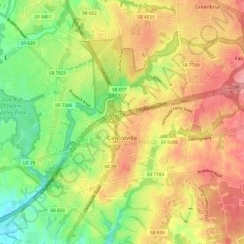 Mapa topográfico Centreville, altitude, relevo