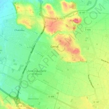 Mapa topográfico Genas, altitude, relevo