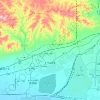 Mapa topográfico 卜尔汉图镇, altitude, relevo