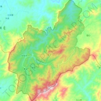 Mapa topográfico 九连山国家级自然保护区, altitude, relevo