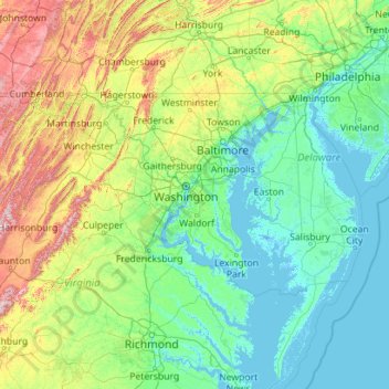 Mapa topográfico Maryland, altitude, relevo