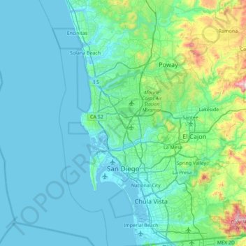 Mapa topográfico San Diego, altitude, relevo