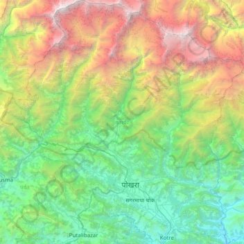 Mapa topográfico कास्की, altitude, relevo