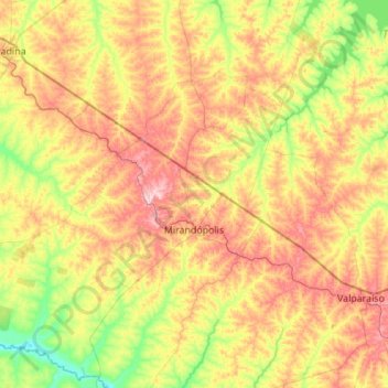 Mapa topográfico Mirandópolis, altitude, relevo