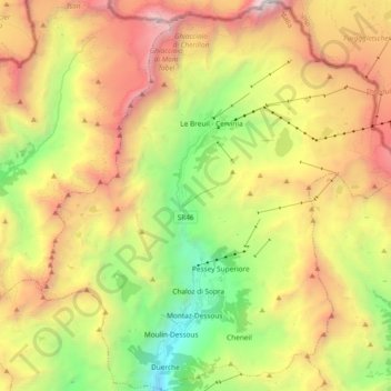 Mapa topográfico Valtournenche, altitude, relevo