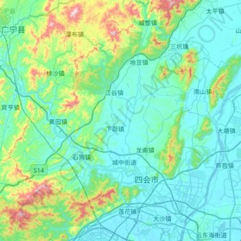 Mapa topográfico 四会市, altitude, relevo