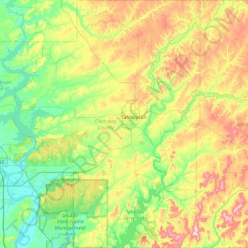 Mapa topográfico Cherokee County, altitude, relevo