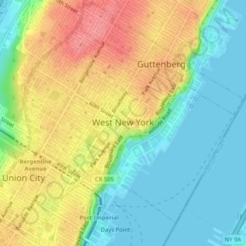 Mapa topográfico West New York, altitude, relevo