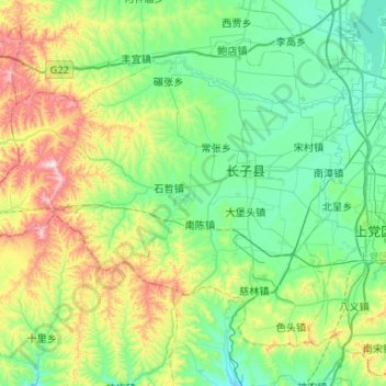 Mapa topográfico 长子县, altitude, relevo