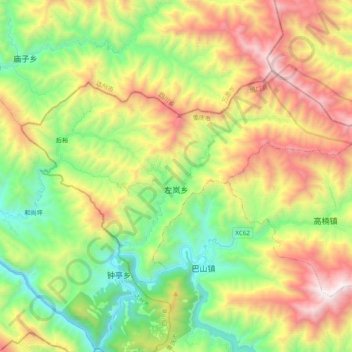 Mapa topográfico 左岚乡, altitude, relevo