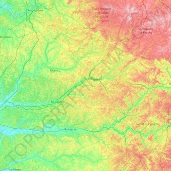 Mapa topográfico Dordogne, altitude, relevo