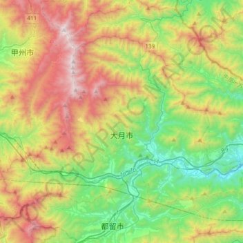 Mapa topográfico 大月市, altitude, relevo