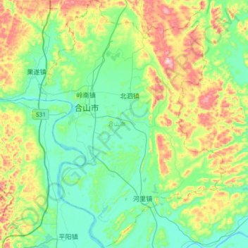 Mapa topográfico 合山市, altitude, relevo