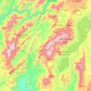Mapa topográfico Gamo Gofa, altitude, relevo