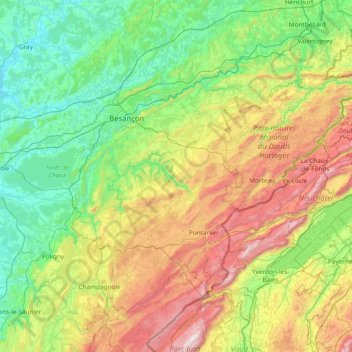 Mapa topográfico Doubs, altitude, relevo