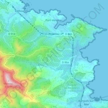 Mapa topográfico Port-Vendres, altitude, relevo