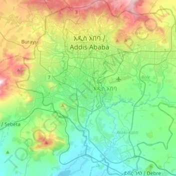 Mapa topográfico Addis Ababa, altitude, relevo