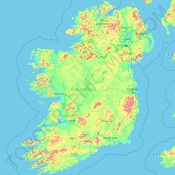 Mapa topográfico Ireland, altitude, relevo