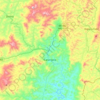 Mapa topográfico Carangola, altitude, relevo