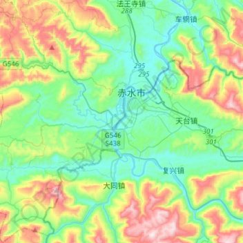 Mapa topográfico 九支镇, altitude, relevo