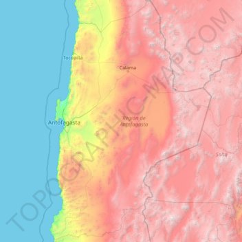 Mapa topográfico Região de Antofagasta, altitude, relevo