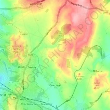 Mapa topográfico Caverswall, altitude, relevo