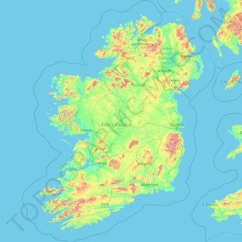 Mapa topográfico Irlanda, altitude, relevo