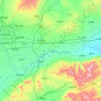 Mapa topográfico 云州区, altitude, relevo